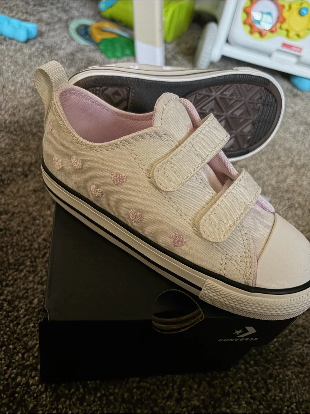 Converse Kids Canvas Sneakers in Cream with Pink Hearts